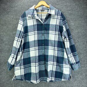 Eddie Bauer Shirt Womens XXL Blue Green Plaid Flannel Jacket Shacket Pockets‎